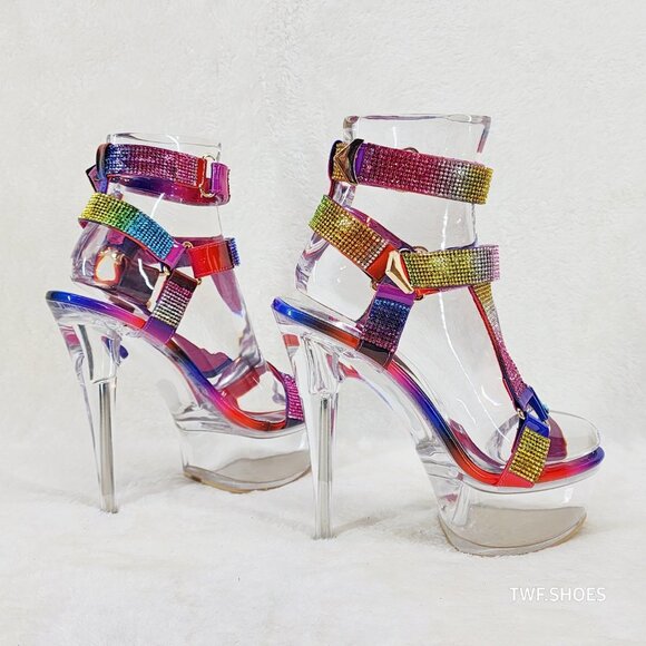 Bulls Rainbow Rhinestone Harness Strap Clear Platform Heels - Picture 8 of 17